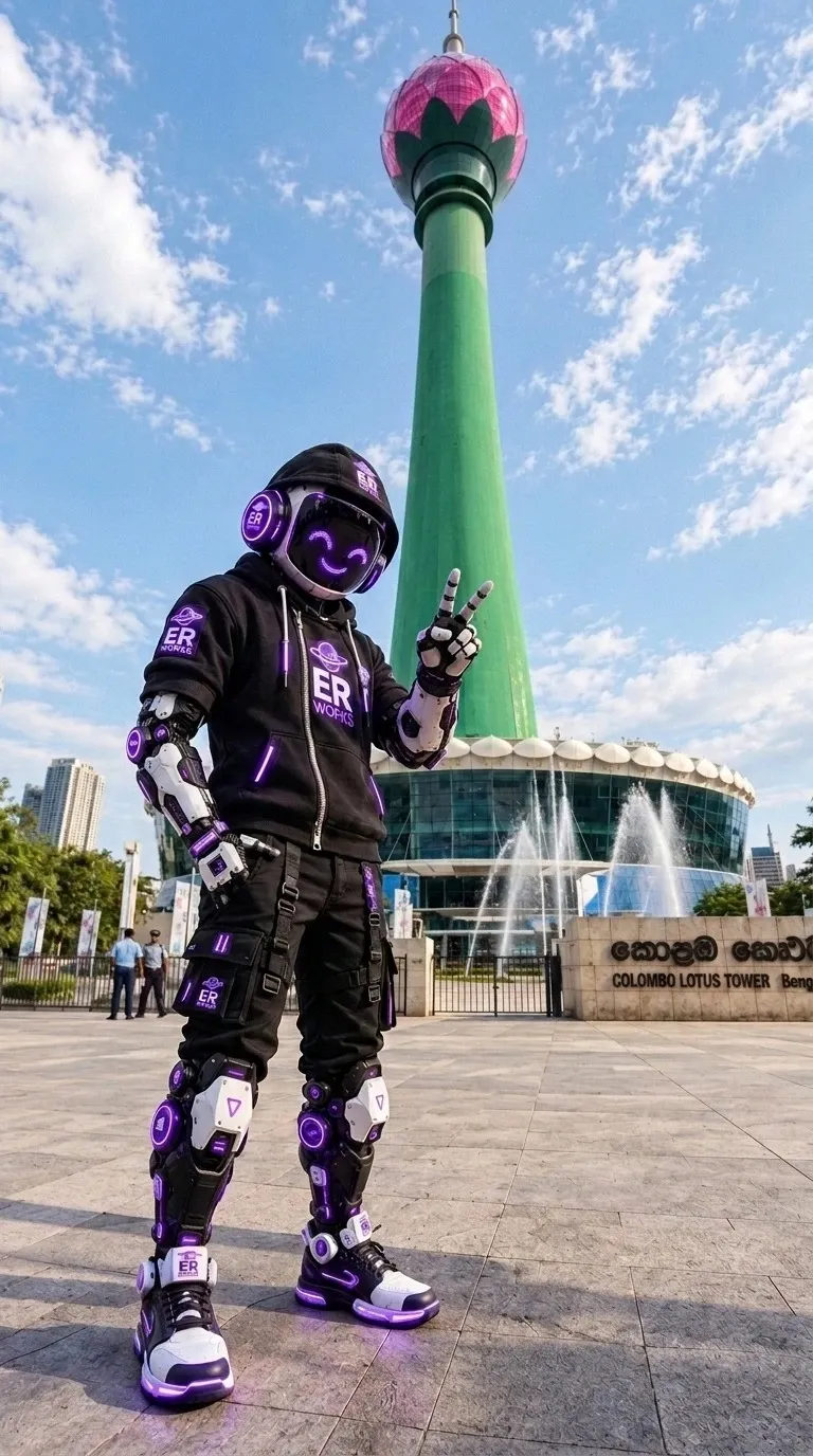 AI-generated ER Works mascot at the Lotus Tower, Colombo