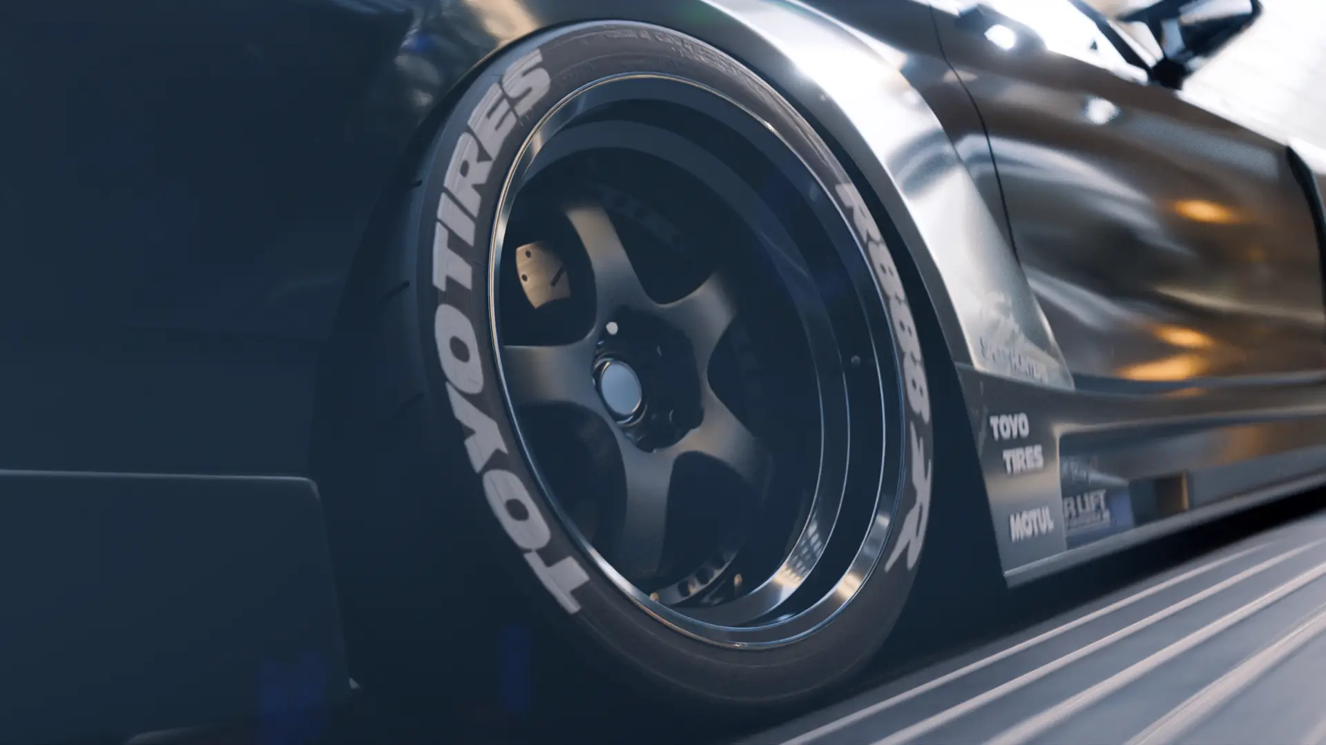 THE ESCAPE: close-up of a CGI car wheel with Toyo tyres in motion
