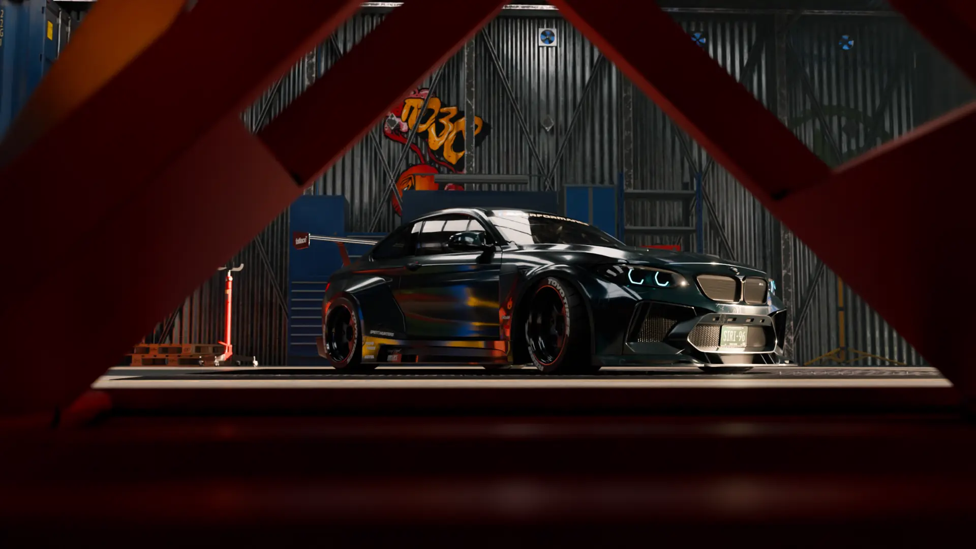 THE ESCAPE: CG BMW M2 framed by red steel beams in a graffiti warehouse