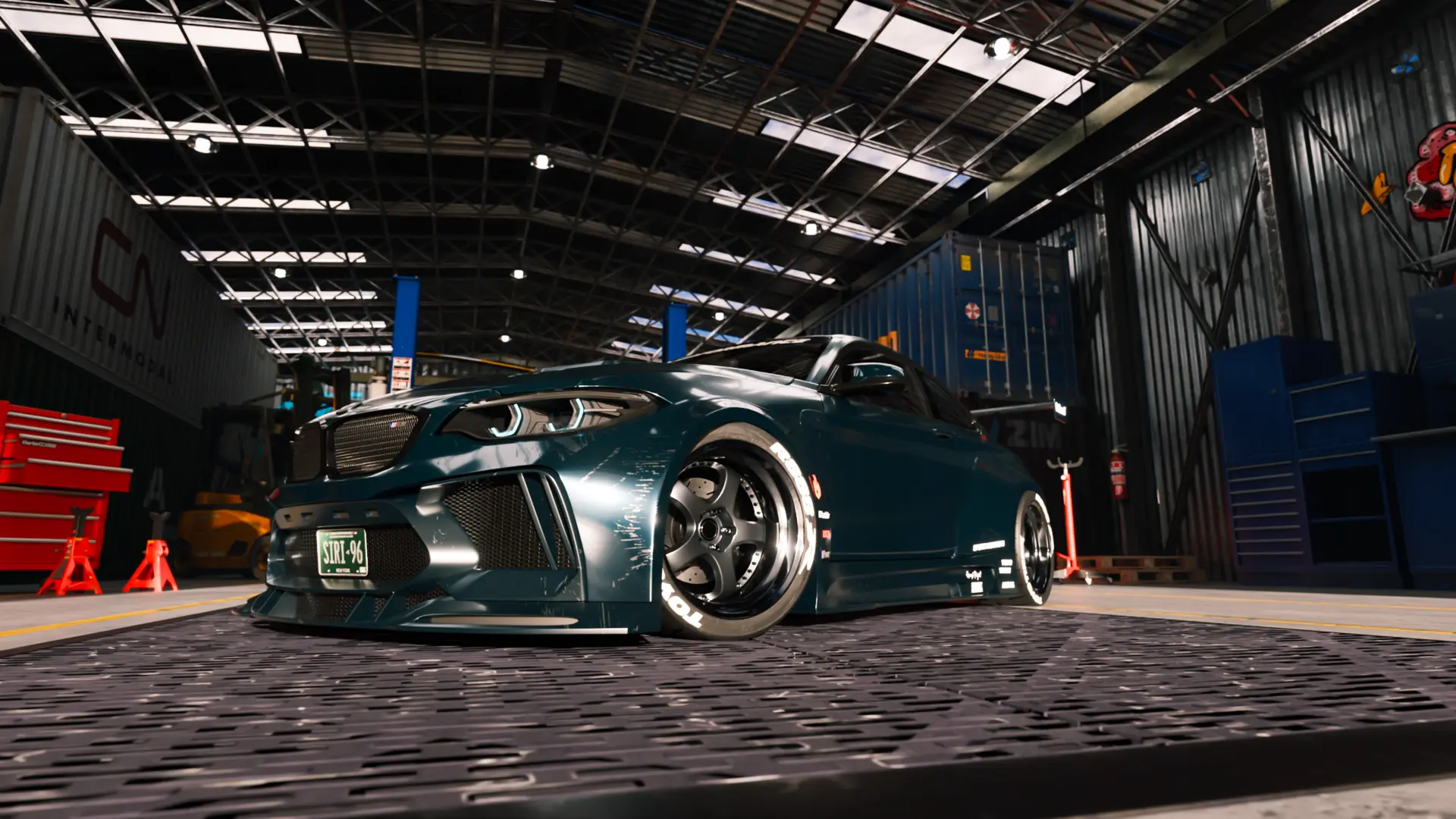 THE ESCAPE: CGI sports car parked in a lit industrial hangar