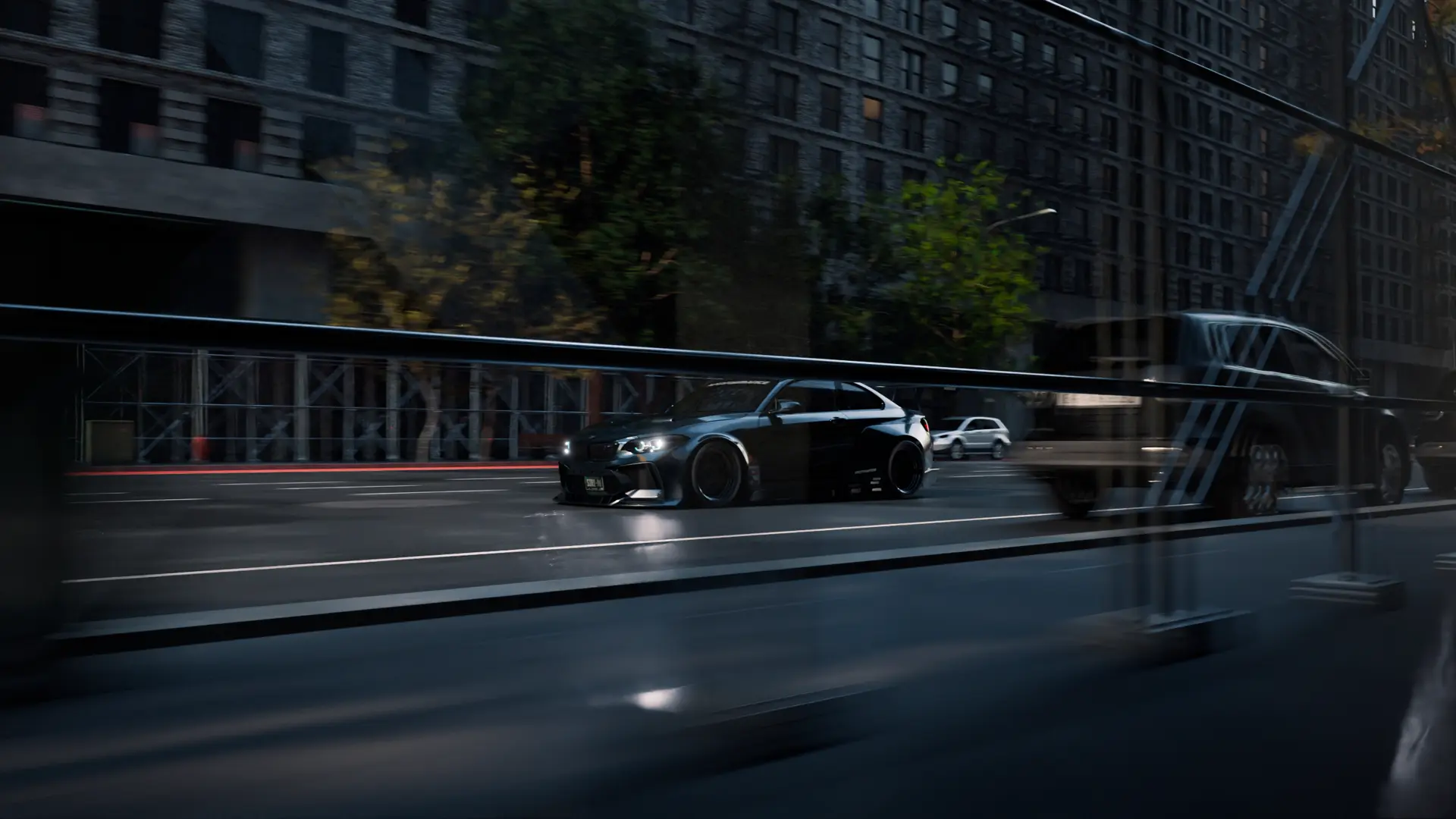 THE ESCAPE: CG car driving through a city street at speed